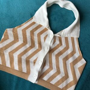 70s style neutral color collared crop top with chevrons zig zags button up